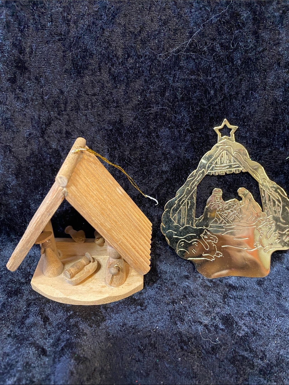 Vintage Wooden Nativity Tree Ornament and a Gold Metal Nativity Plaque